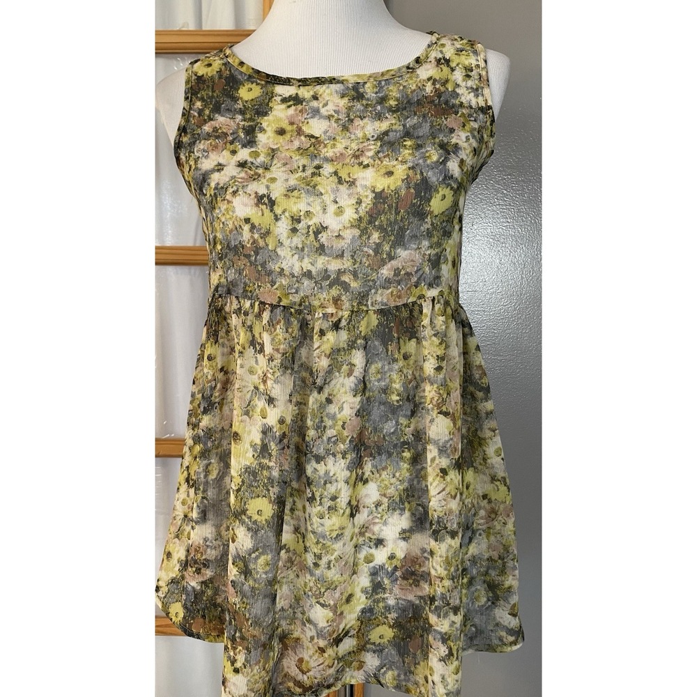 Happening in the Present Floral Blouse XS Yellow Ivory Sheer Lace Trim Cottage